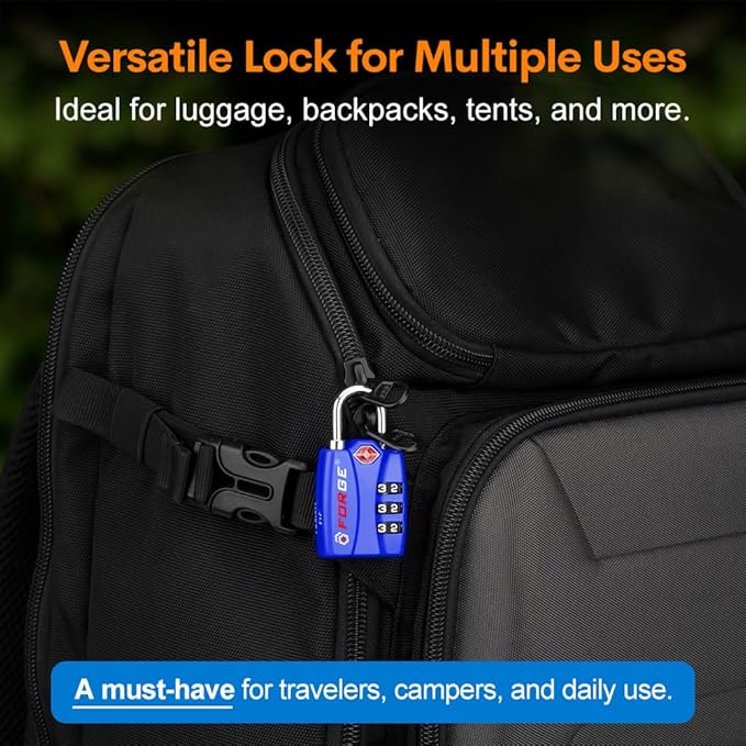 Forge TSA Luggage Combination Lock - Open Alert Indicator, Easy Read Dials, Alloy Body- Ideal for Travel, Lockers, Bags (Blue 4Pk)