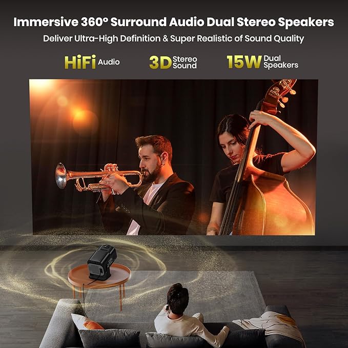 [NetfIix Official/Stereo Speakers] 4K Projector with Wifi and Bluetooth, 1080P Native Mini Projector Portable, One-Click Use Built-in NetfIix/YouTube/PrimeVideo/D+, Smart Home Outdoor Projector