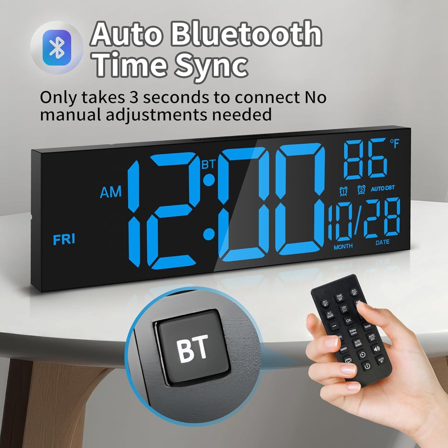 16.5" Large LED Wall Clock with Bluetooth Sync, Night Light, DST, 2 Alarms, RGB Color, Temperature, Remote Control, 12/24H, Timer for Living Room, Bedroom, Desk, Gift for Mother Father Elderly
