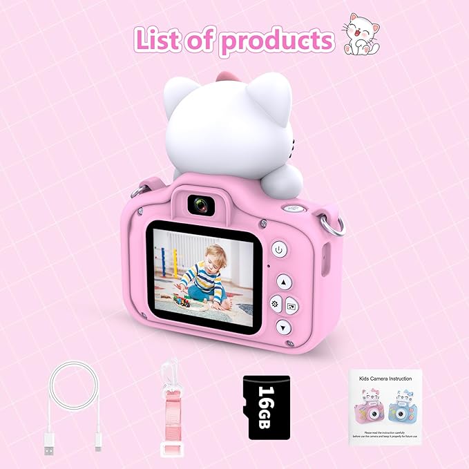 Kids Camera for Boys and Girls, 1080P Toddler Camera with 2" LCD Screen, 8X Digital Zoom, Cute Cat Silicon Case, Includes 16GB SD Card, Ideal Gift for Children Ages 3–12
