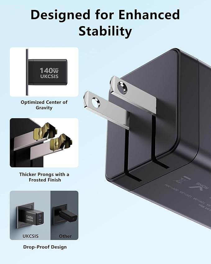 2Pack Mac Book Charger 140W, USB C Fast Charger Foldable 3-Port Multi-Device Fast Power Adapter, USB C Charger for MacBook pro/Air, Dell, Samsung Galaxy, iPad Pro, and More(Black)