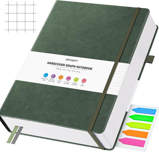 Graph Paper Notebook, 312 Numbered Pages Large A4 Hardcover Leather Journal, 100gsm No Bleed Grid Paper Notebook with Index Pages, Squared Grid Notebook for Graphing Notes Math, 8.5'' × 11'', Green