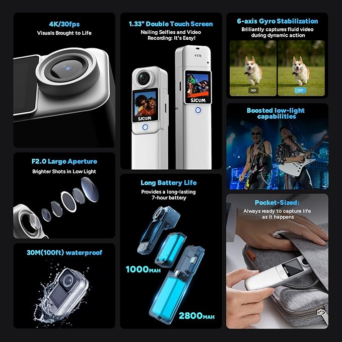 SJCAM C300 Standard Combo,4K Pocket Action Camera,7Hour Power,6-Axis Stabilization,Dual-Touch Screen Body Camera for travel,sport,blog,Waterproof,Youtube Live Streaming,Magnetic Werable,64G card,White