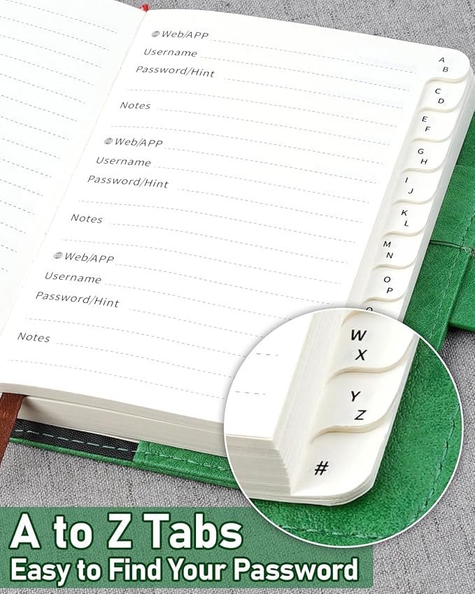 WEMATE Password Book with Lock, Password Book with Alphabetical Tabs 600+ Password Space, Organizer Logbook, Password Keeper for Computer & Website Logins 4.33X6.18 Inch Grass Green