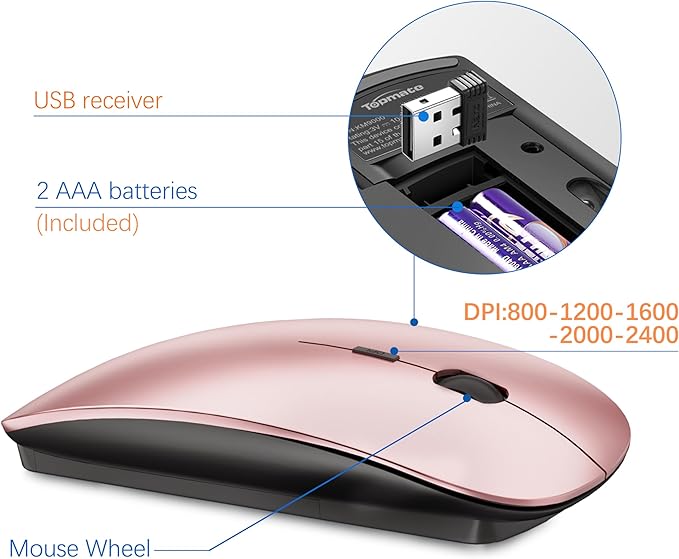 Wireless Keyboard and Mouse Ultra Slim Combo, TopMate 2.4G Silent Compact USB 2400DPI Mouse and Scissor Switch Keyboard Set with Cover, 2 AA & 2 AAA Batteries,for PC/Laptop/Windows/Mac-Rose Gold Black