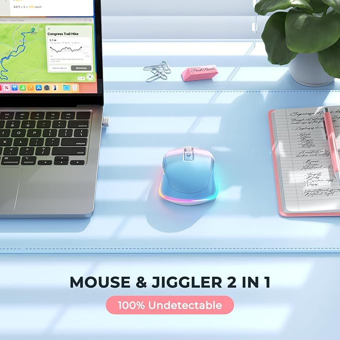 PEIOUS Wireless Mouse Jiggler - LED Wireless Mice with Build-in Mouse Mover, Rechargeable Moving Mouse for Laptop with Undetectable Random Movement Keeps Computers Awake - Blue to Pink
