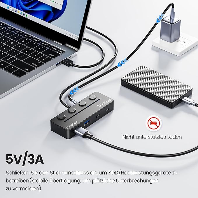 Qeefun 4-Port USB 3.2 Hub with 2 USB-C and 2 USB-A Ports, Individual LED Power Switches,10Gbps Data Transfer USB Splitter with 4ft Extension Cable, Multiple USB Extender for Laptop, PC, iMac etc