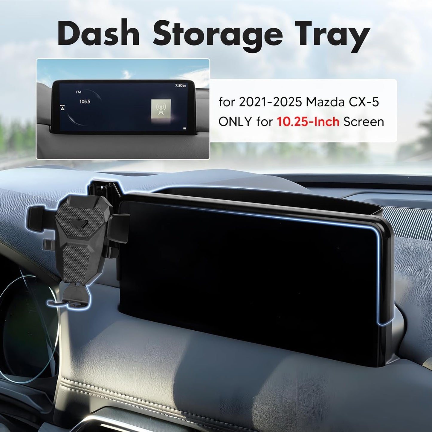 FIILINES Phone Holder for Mazda CX-5 2022-2025 (Fit 10.25" Touch Screen), Phone Mount with Dash Organizer for CX-5 Accessories, 360 Degree Rotation Dash Mount Cell-Phone Holder