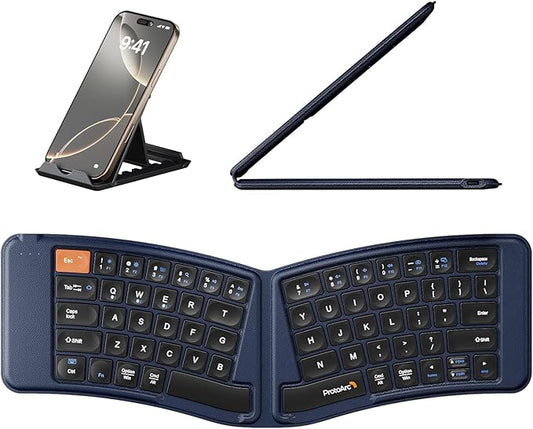 ProtoArc Ergonomic Foldable Keyboard, XK03 Split Folding Travel Bluetooth Keyboard, Ultra Slim, Portable for iPad, iPhone, Tablet, Laptop, PC - Dark Blue