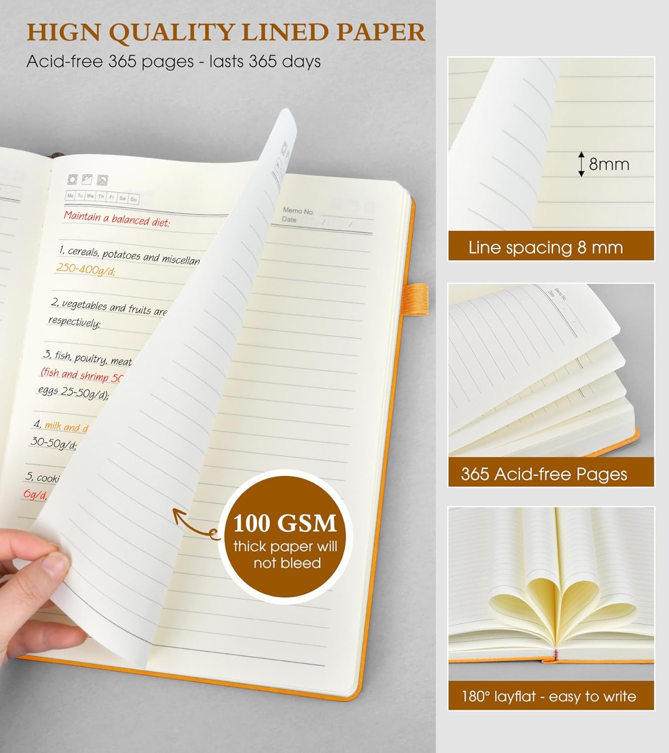 A5 Lined Journal Notebook - 365 Page Leather Journals for Writing Women & Men，Hardcover Notebook with 100Gsm Thick Pages，Daily Diary for Travel, Work，School，Note Taking，College Ruled (5.9" x 8.5")