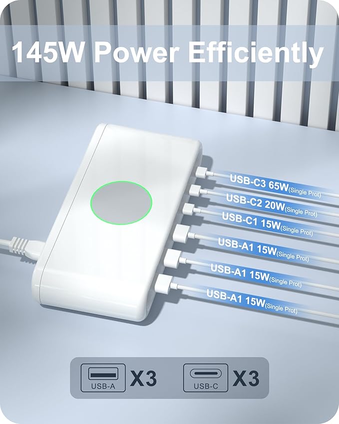 145W USB C Charging Station for Multiple Devices,6 Port USB C Hub Charger,Multi USB Charger Block for Laptop MacBook,HP,iPad,iPhone,Samsung(NOT Wireless)