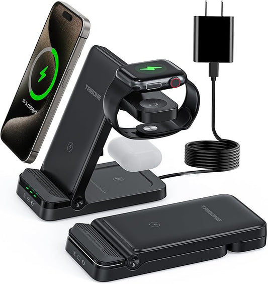 Wireless Charger, Tribone 3 in 1 Foldable Fast Charger for iPhone 17 16 15 14 13 12 11 Pro Max XR XS 8 Plus，for Apple Watch 10 9 8 7 6 5 4 3 2 SE Ultra,for AirPods Pro 4 3 2, Black