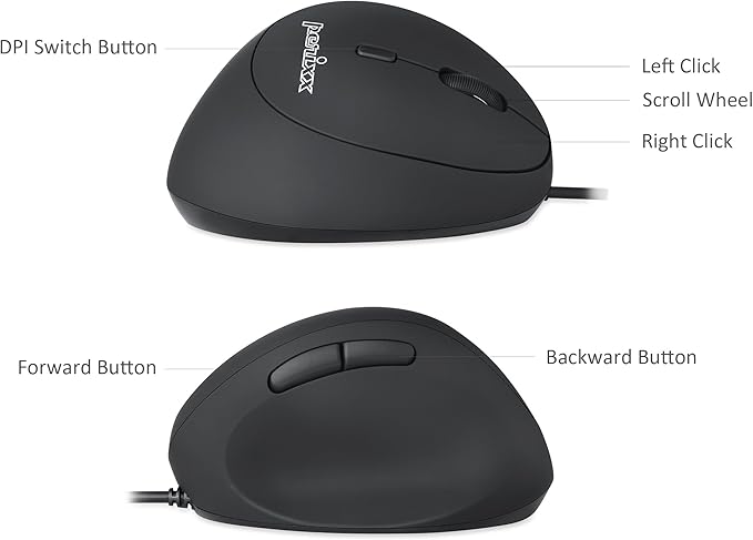 Perixx PERIMICE-519 Wired Ergonomic Vertical Mouse - Portable Small Design - 105x67x58 mm - Right Handed Black