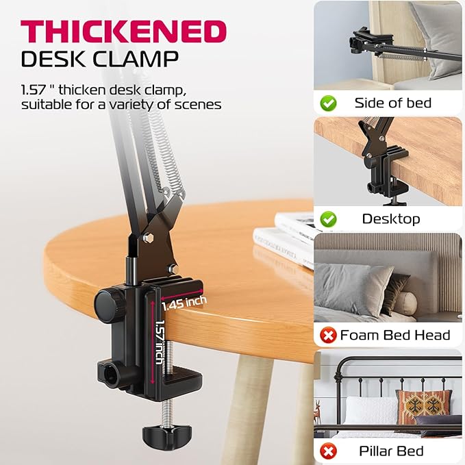 ULANZI T2 Adjustable Tablet Holder for Desk, Carbon Steel Tablet Phone Stand for Bed, Flexible Tablet Arm Clamp Compatible with iPhone 17 16 15 Pro iPad Kindle Galaxy Tab 4.6-12.9 Inch Devices