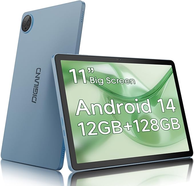Digliand 11 Inch Android Tablet, 12GB RAM 128GB ROM, 8-Core, 7000mAh 8-Hour HD Tablet, Split Screen & Screen Mirroring, Dual Camera, Android 14 (Blue)