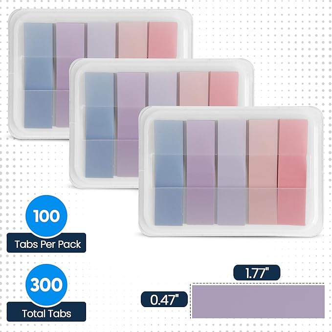 Essex Wares - 300 Pieces - Transparent Sticky Notes Tabs with Case - 5 Light Pastel Colors - 3 Cases - 1.8" x 0.4" - 60 Pieces - Pop Up Index Tabs - Book Flags for Annotating - Book Sticky Tabs