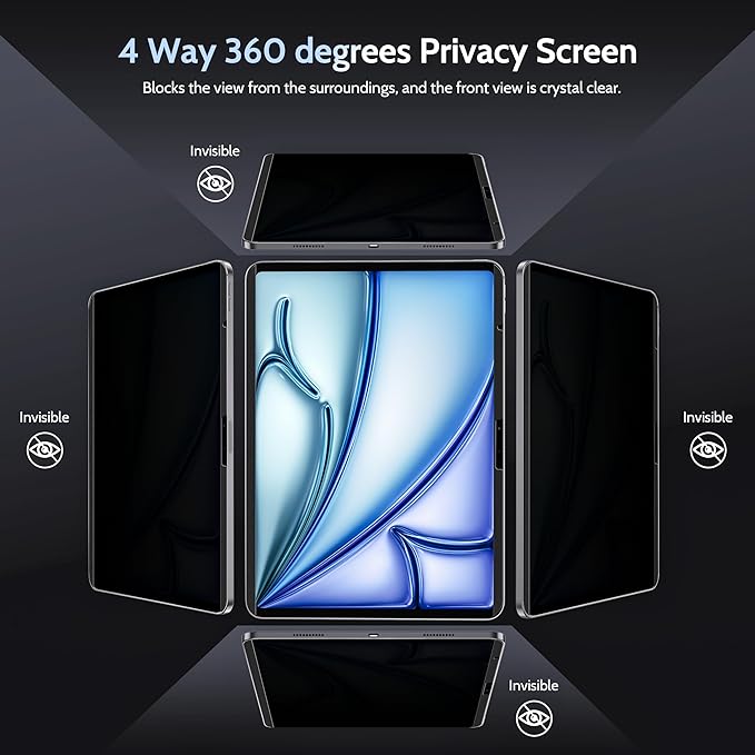 4-Way Magnetic Privacy Screen for iPad Air 13 Inch 2024/2025 (M2/M3, 6th/7th Gen), Removable 360 Spy Private Filter, Anti Blue Light Glare Bubble-Free Easy Install Black Screen Protector