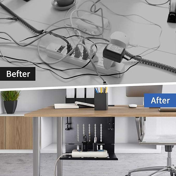 LUKETURE Desk Side Storage, Laptop Holder with Cable Management Tray, 2 in 1 Steel Under Desk Laptop Mount, Table Organization, Space Saving Table Accessories for Office and Home (Black)