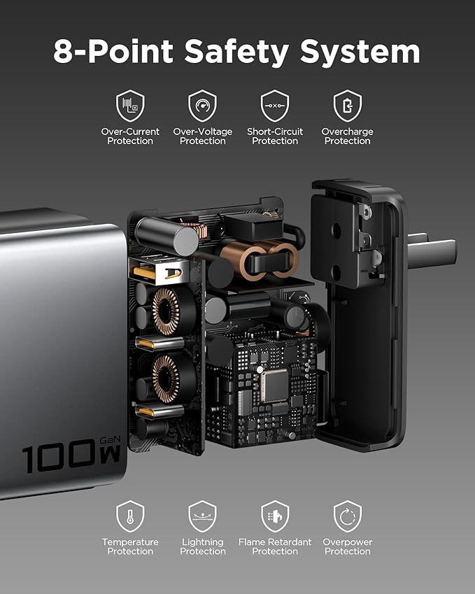 PISEN 100W USB C Charger - 3-Port 100W GaN USB C Charging Block Fast Charging, 100Watt Charging Block with 6FT Type C Cable, 100Watt Wall Charger for MacBook, iPad, iPhone, Samsung, Google Pixelbook