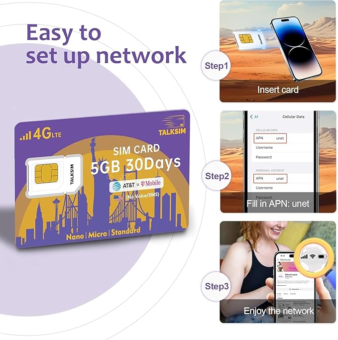 Data SIM Card 5GB 30Days Support AT&T, T-Mobile, 4G LTE Cellular SIM USA Card Compatible with Unlocked Security Camera/Router/Mobile WiFi Hotspot/GPS Tracker/Tablet iot Devices