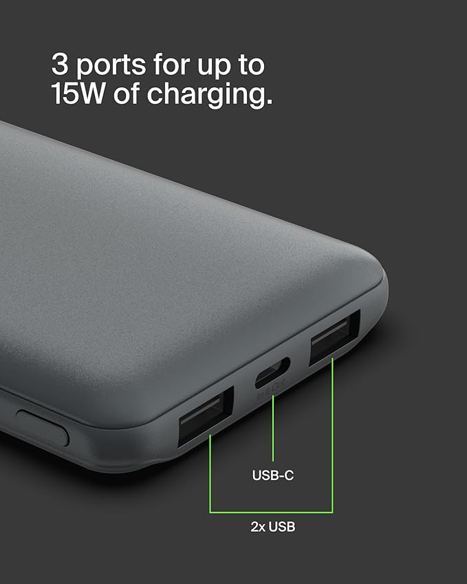 Belkin Portable Charger, USB C Power Bank 10000 mAh w/ 2xUSB-A Ports, 15W w/Type-C to Type-A Cable for iPhone 17, Air, Pro, Samsung Galaxy S25, iPad, Nintendo Switch 2, Google Pixel 10, etc. - Gray
