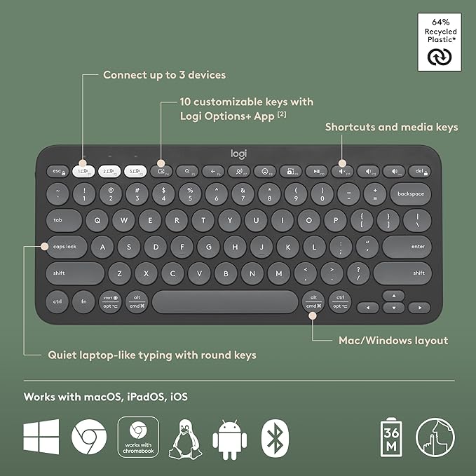 Logitech Pebble Keys 2 K380s, Multi-Device Bluetooth Wireless Keyboard with Customizable Shortcuts, Slim and Portable, Easy-Switch for Windows, macOS, iPadOS, Android, Chrome OS - Tonal Graphite