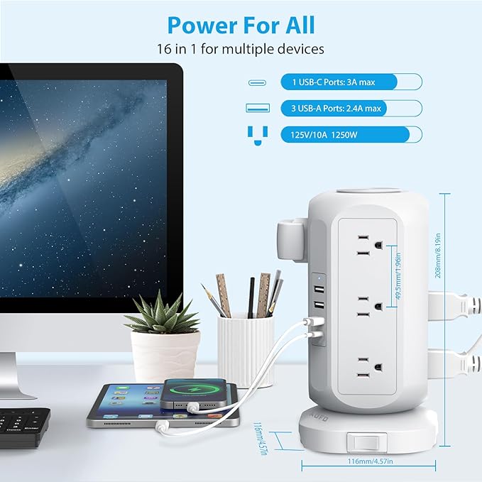 Tower Power Strip Flat Plug with 12 Outlets 4 USB(1 USB C),AOFO Surge Protector Charging Station with Overload Protection, Widely Spaced Multiple Outlets 10Ft Extension Cord for Home, Dorm,Office