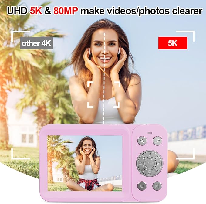 Upgraded 5K Dual Screen Digital Camera,80MP Vlog Photography Camera for YouTube,Campus,Travel,Compact Point & Shoot Camera for Teens & Beginners with Autofocus,18x Zoom,Anti-Shake,Purple