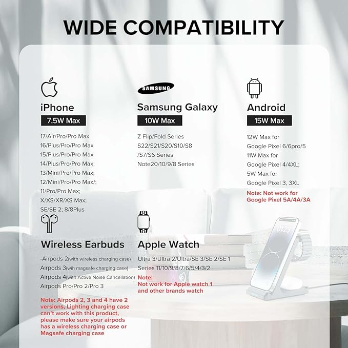 Wireless Charging Station, 3 in 1 Fast Wireless Charger Stand for Multiple Devices Apple Watch Ultra Series 11 10 9 8 7 6 SE 5 4 3 2, iPhone 17 16 15 14 13 12 11 Pro Max/Plus/Air/X/XS/XR, Airpods Pro