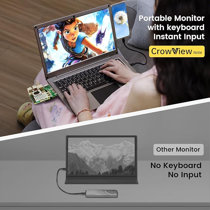 Portable Monitor with Keyboard,14inch 1080P FHD Lapdock Compatible with Raspberry Pi/Mini PC/Phone/PC/Game Console,CrowView Note Built-in Battery(Full Feature TypeC & HDMI Cable Included)