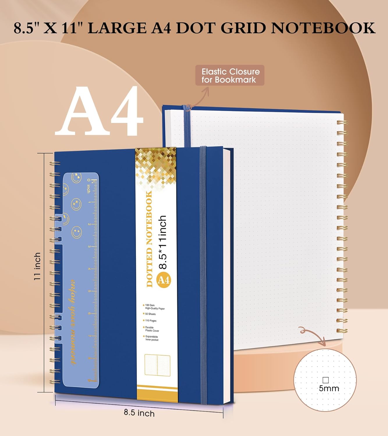 Dotted Notebook, Spiral Notebook Journal 8.5” x 11”, A4 Large Dot Grid Notebooks for Women Men, 100 GSM Dotted Paper, Plastic Hardcover Spiral Bullet Journals for Work School Sketching, Navy