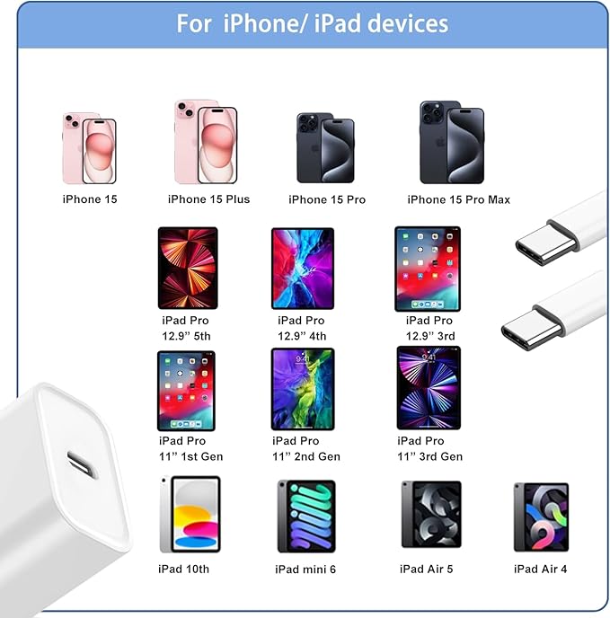 iPhone 15 Charger,iPhone 15 Charger Fast Charging,20W Type C USBC ChargerBlock 6FT USB C to USB C Cable Cord Compatible iPhone 16 Pro Max/15 Plus,iPad Pro 12.9/13/11-inch, iPad mini 6, iPad Air 4/5