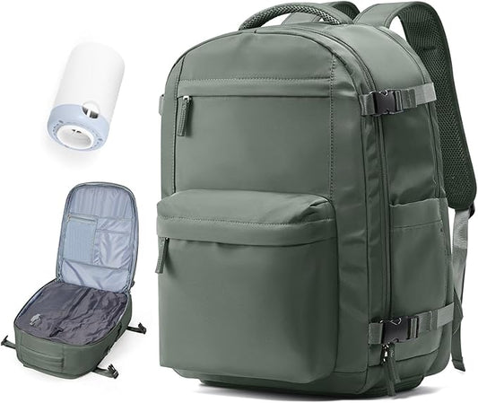 Vacuum Travel Backpack with Pump for Women, Personal Item Carry on Backpacks Flight Approved 18x14x8 inches for Men,Laptop Waterproof Work Compression bags Casual Daypack. Green.