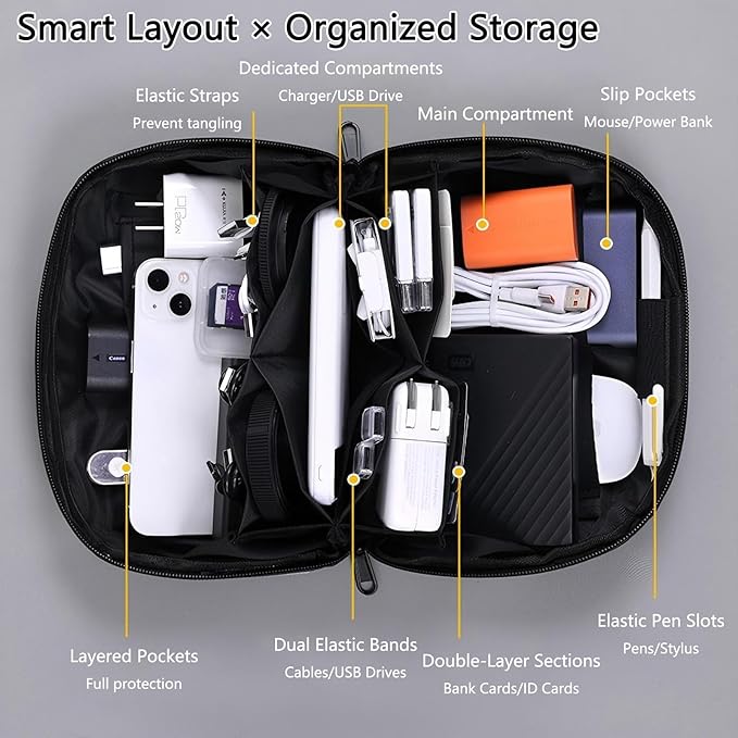 Electronics Travel Organizer Case - Tech Accessories Cord Storage Bag for Phone, Charger, Power Bank, Cables, USB, SD Card, Earphones, Magic Mouse - Portable Cable Organizer Pouch for Travel (Black)