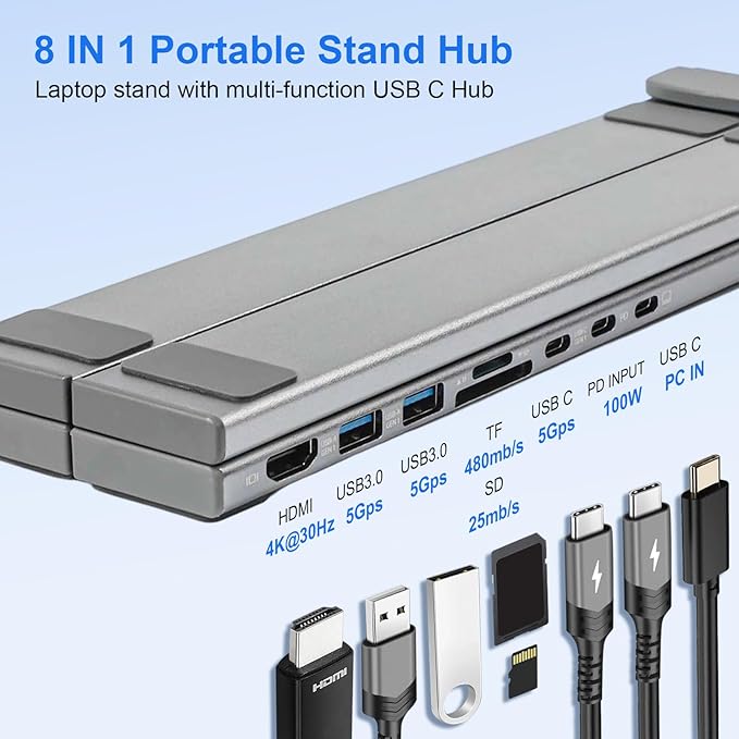 8-in-1 USB C Laptop Docking Station Stand, Laptop Tablet Stand Adjustable, SD/TF Card Slots Fast Charging, Multiport Adapter Computer Cooling Stand, Cooling Riser Office Workstation Hub