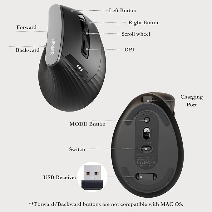 Uineer Ergonomic Wireless Mouse,Bluetooth Vertical Mouse with BT5.0/4.0/2.4G, Rechargeable with Battery Indicator,Ergonomic Design for Comfort and Reduced Wrist Strain for Home,Office Use,Black