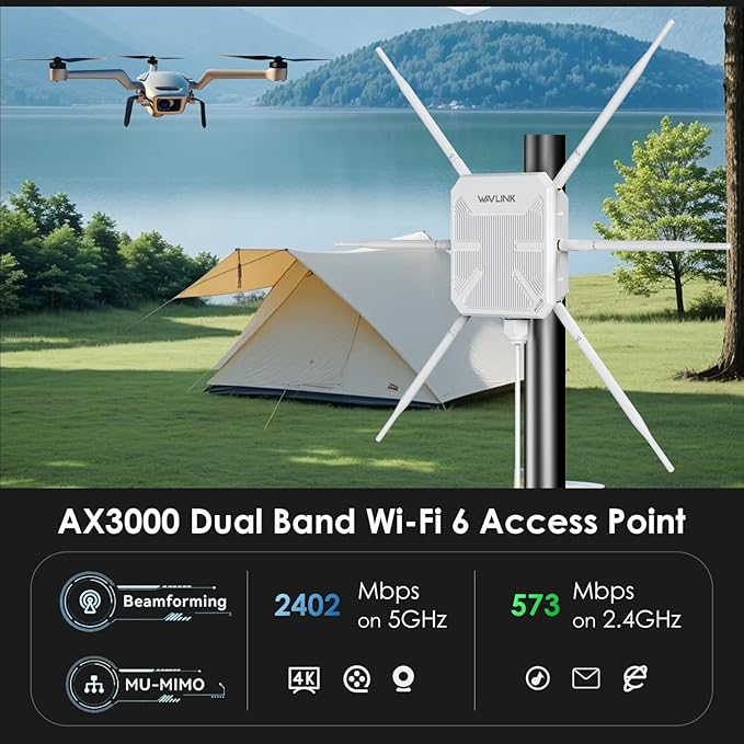 2025 AX3000 Outdoor WiFi 6 Extender, WAVLINK Long-Range WiFi Repeater/Access Point with Dual Band/PoE/IP67 Waterproof/6 x 7dBi Antennas, Supports Up to 256 Devices for Garage, Yard, RV,Farm