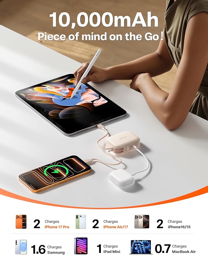 TORRAS 10000mah Portable Charger Power Bank 45W Fast Charging [Daily Use & Travel Essential] Built in Cable USB C, Phone Battery Pack Powerbank for iPhone 17 16 15, Samsung S25, S24, Google Piexl etc