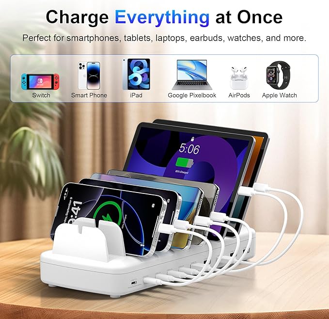 260W Cell Phone Charging Station for Multiple Devices, 10-Port USB C Fast Charger Hub for MacBook, iPhone, Android, iPad, Tablet, Kindle, Family Multi-Device Organizer Charging Dock, White