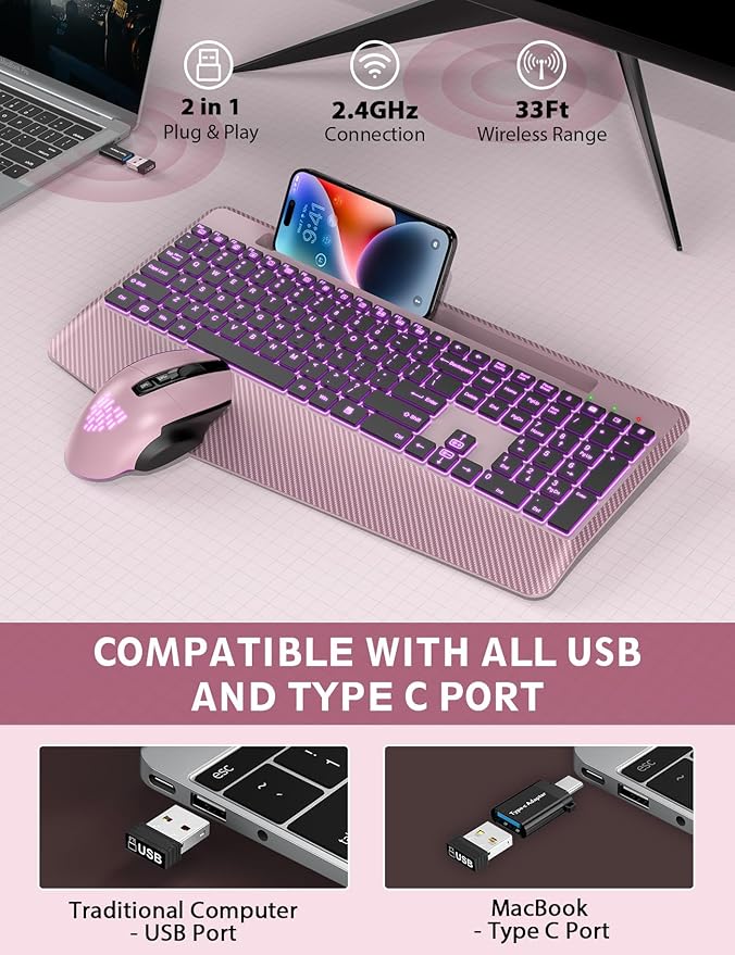Wireless Keyboard and Mouse Backlits, Wrist Rest, LED Mouse, Rechargeable Ergonomic Keyboard with Phone Holder, Silent Light Up Combo for Computer, Mac, PC, Laptop, Chromebook (Rose Gold)