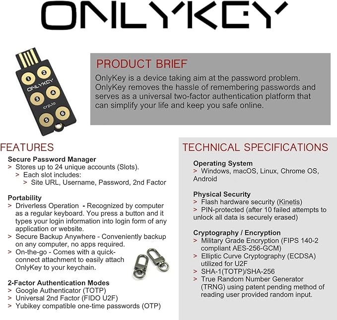 OnlyKey FIDO2 / U2F Security Key and Hardware Password Manager | Universal Two Factor Authentication | Portable Professional Grade Encryption | PGP/SSH/Yubikey OTP | Windows/Linux/Mac OS/Android