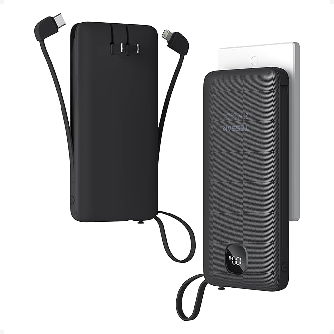 TESSAN Portable Charger with Built in Cables, 10000mAh Power Bank Fast Charging with Foldable AC Plug, 20W Compact Battery Pack Travel Essentials for iPhone 16/15 Series, Samsung, Tablets, Black