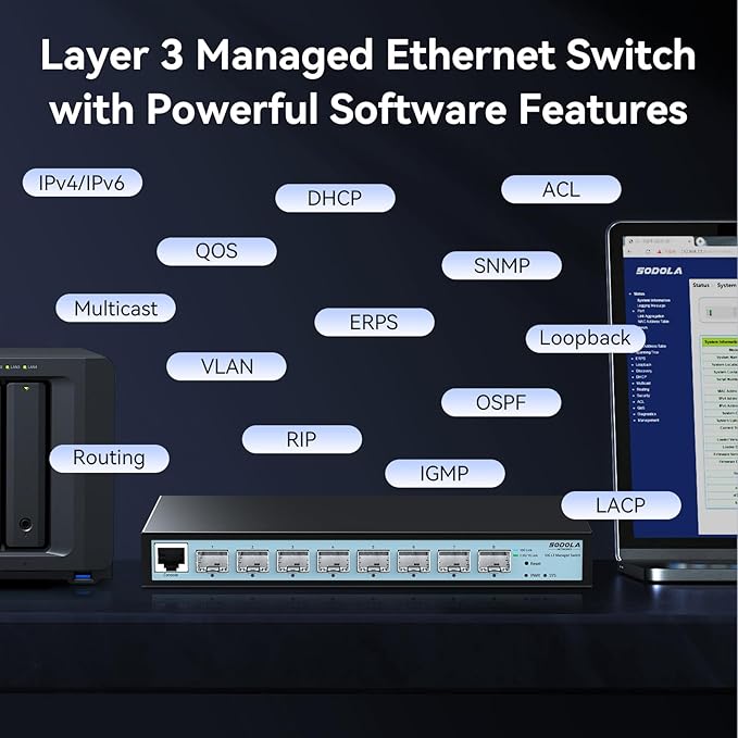 8 Port 10G L3 Managed Switch, 8X10G SFP+ Interface, Link Aggregation/QoS/VLAN/IGMP, Wall Mounted Fanless 10Gb SFP Network Switch（SFPPorts Only,Transceiver is NOT Included