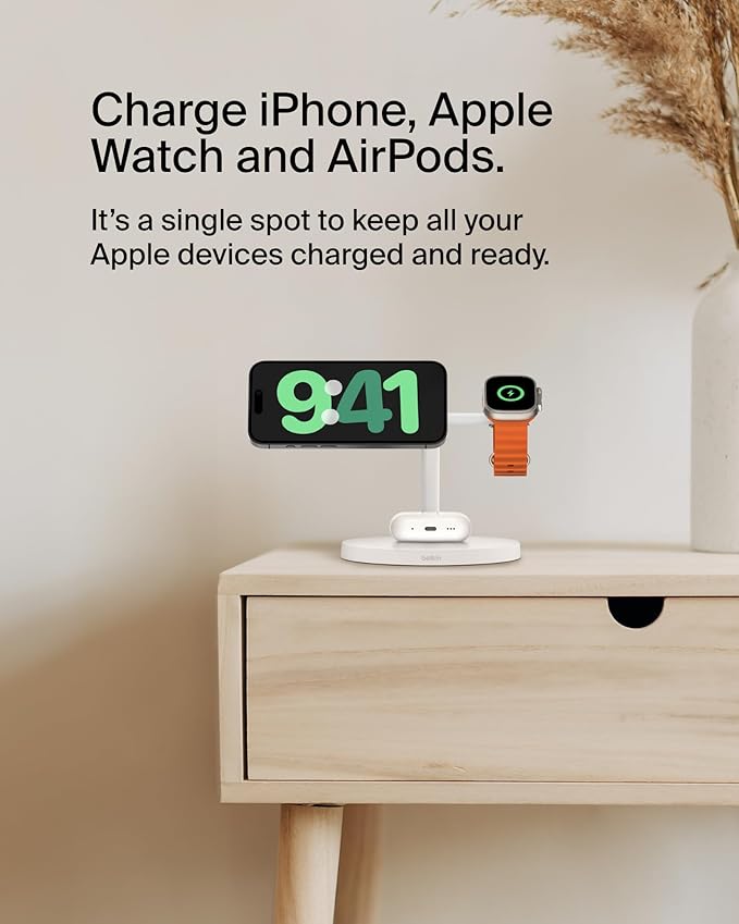 Belkin MagSafe-Compatible Charger, 3-in-1 Wireless Charging Station, Qi2-Certified 15W Wireless Charge for Apple iPhone 17 Series, Apple Watch, AirPods w/Non-Slip Base, 40W Included - Black