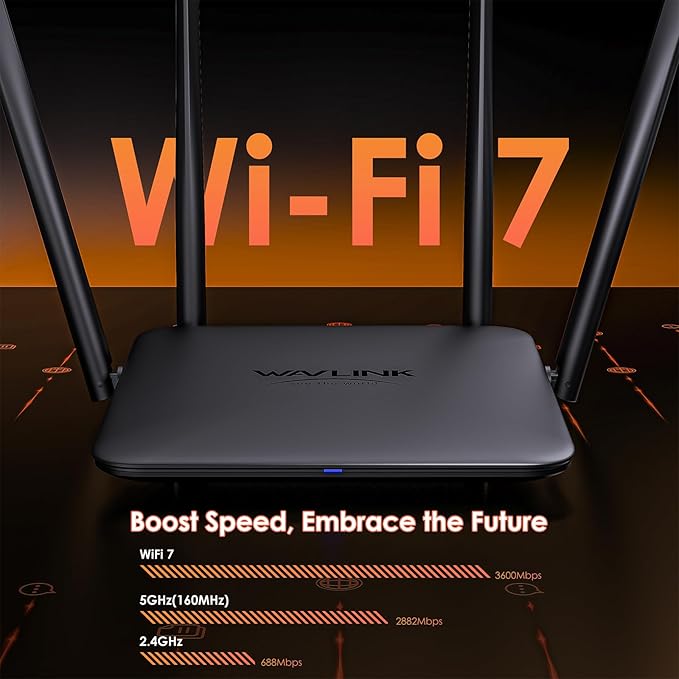 WAVLINK BE3600 WiFi 7 Router, Dual Band Gaming Router with Gigabit Ports, MLO, 4096-QAM & Multi-Rus Tech, Support Mesh/AP/Repeater Mode, Guest WiFi, QoS, IPv6, VPN