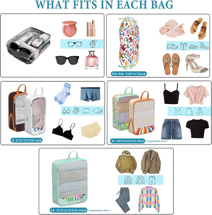 Compression Packing Cubes for Travel, 7 Set Natural Life Expandable Mesh Luggage Organizers, Waterproof Expandable/Compression Bags Bohemia Travel Packing Cubes with Clear Toiletry Bag