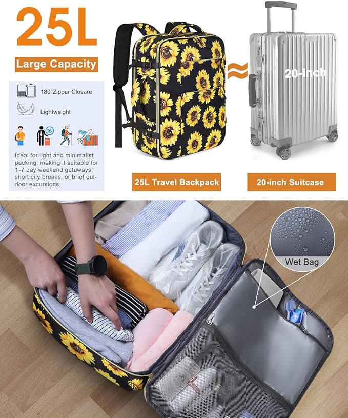 Capolo Travel Backpack for Women Men Waterproof Laptop Backpack Airlines Approved Carry On Backpack Bag Computer Bookbag for Business, Work, Traveling Fits 17 Inch Laptop(Sunflower)