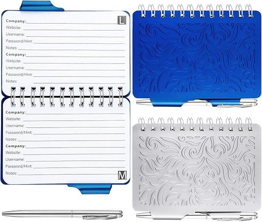 Zonon 2 Pcs Mini Password Book with Alphabetical Tabs Metal Password Keeper Book Portable Organizer Elegant Mandala Pattern Notebook with Pen, Spiral Bound for Information(Silver, Blue)