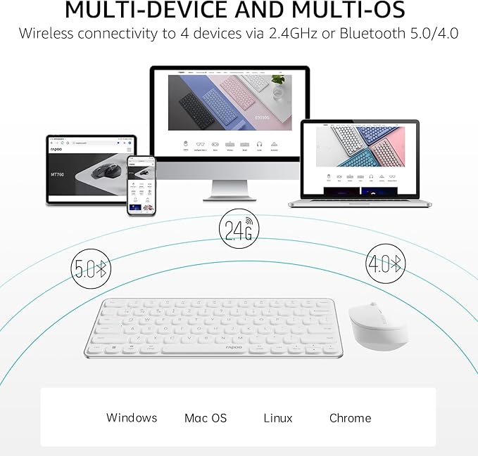 Rapoo 9010M Multi-Device Keyboard and Mouse Combo, 2.4GHz/Bluetooth 5.0/4.0 Wireless Keyboard & Mouse Set for Windows/Mac/Linux/Chrome, Support 4 Devices, Low-Profile Silent Click, Battery Powered