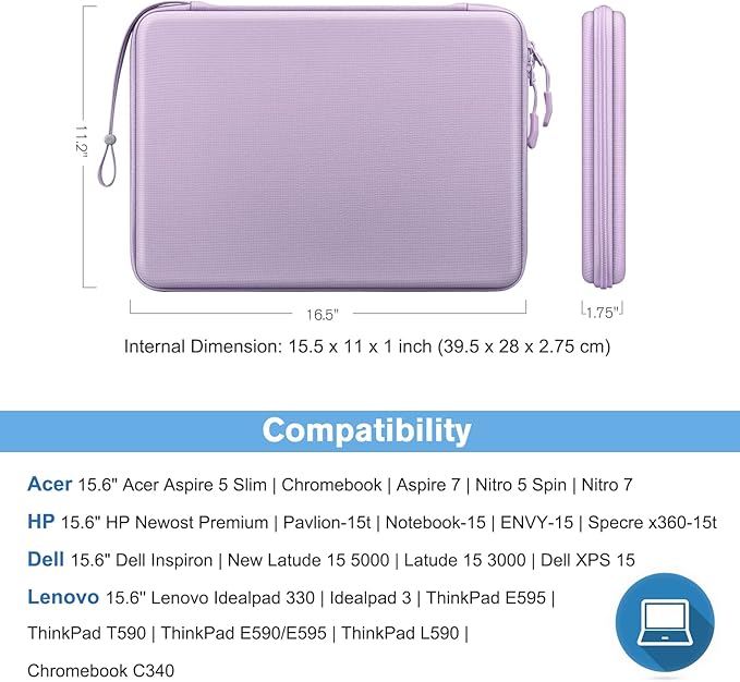 FINPAC 15.6-inch Hard Laptop Sleeve Case Compatible with 15.6 Inch Acer Aspire, Shockproof Computer Carrying Case for 15.6 Inch HP Dell Razer Samsung Laptop Chromebook (Lilac)